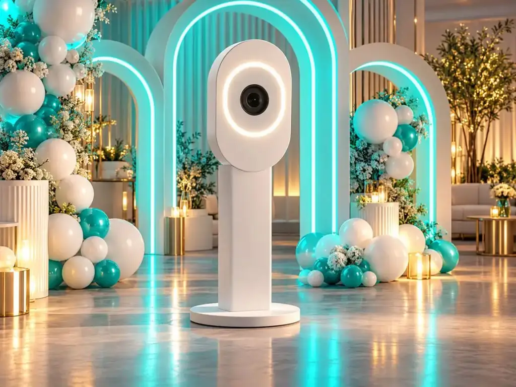 Generic white photo booth with turquoise neon lighting. AI-generated illustration — non-contractual — does not depict this provider or their work.