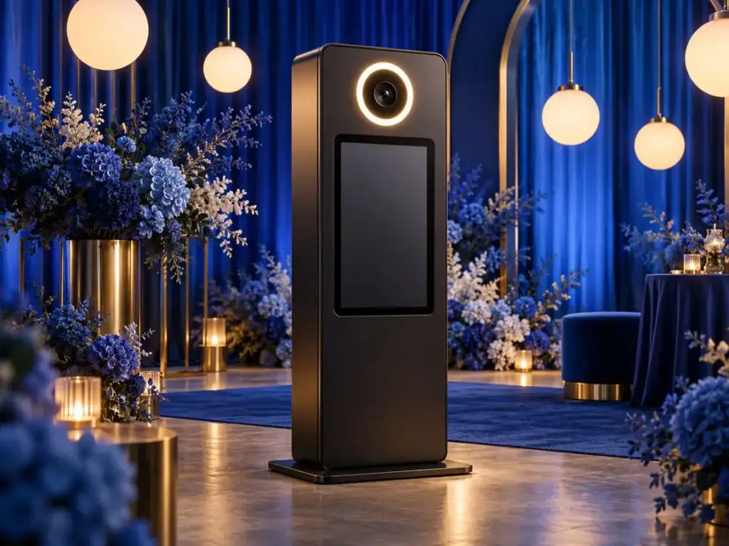Generic black metal photo booth in blue event decor. AI-generated illustration — non-contractual — does not depict this provider or their work.