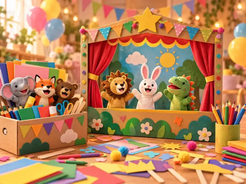 Generic children’s puppet theatre and creative activity box with craft supplies. AI-generated illustration — non-contractual — does not depict this provider or their work.