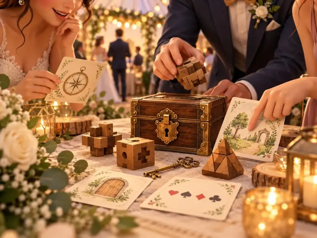Generic wedding escape game with wooden puzzles, a key and a locked box. AI-generated illustration — non-contractual — does not depict this provider or their work.