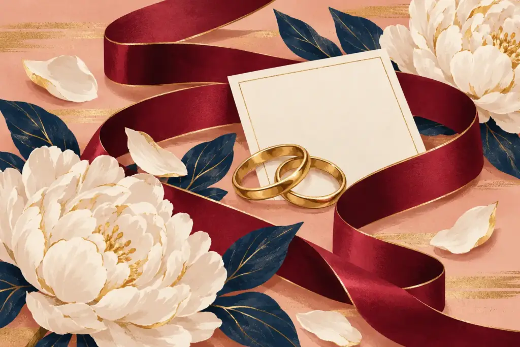 Composition symbolique d’alliances, ruban et fleurs. Visuel d’illustration non contractuel — ne représente pas ce prestataire, son équipe ni ses prestations réelles.