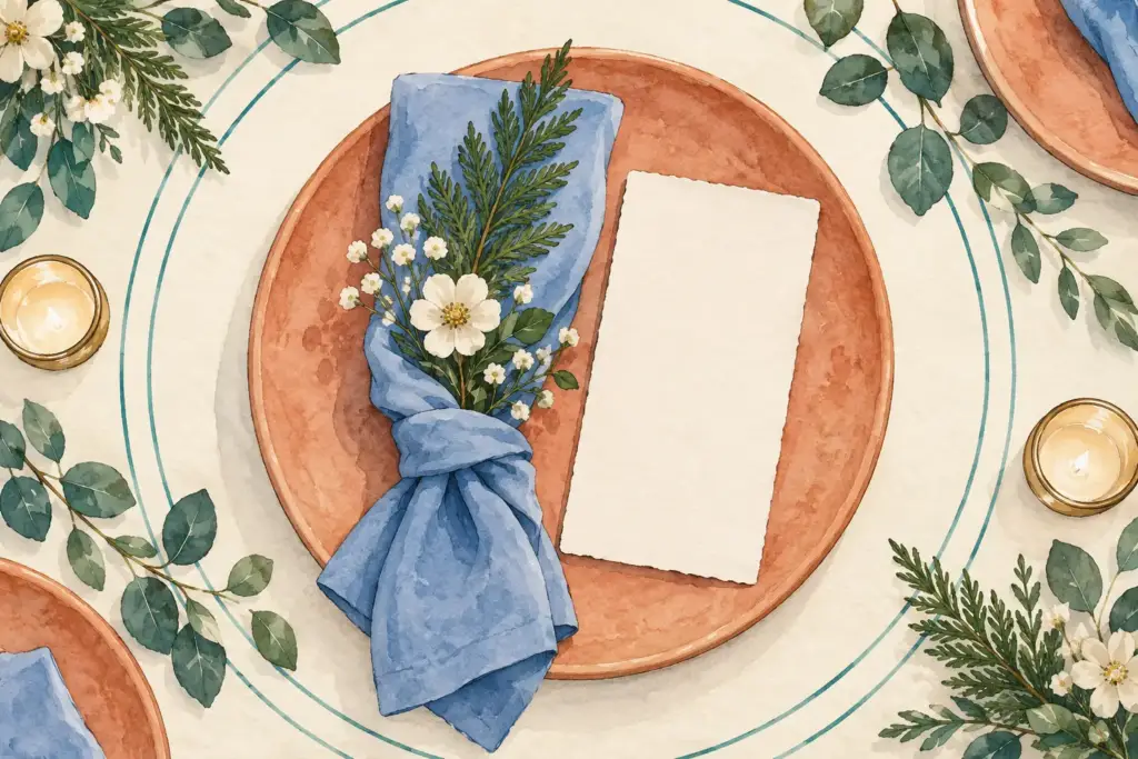 Composition symbolique de table, assiette et feuillage. Visuel d’illustration non contractuel — ne représente pas ce prestataire, son équipe ni ses prestations réelles.