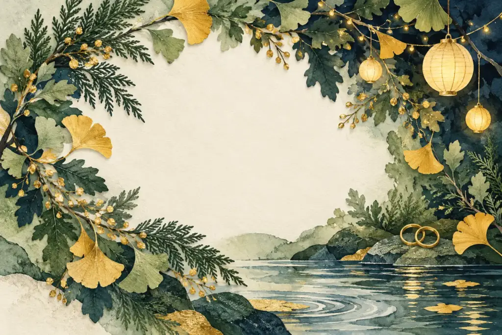 Composition symbolique de forêt et de célébration. Visuel d’illustration non contractuel — ne représente pas ce prestataire, son équipe ni ses prestations réelles.