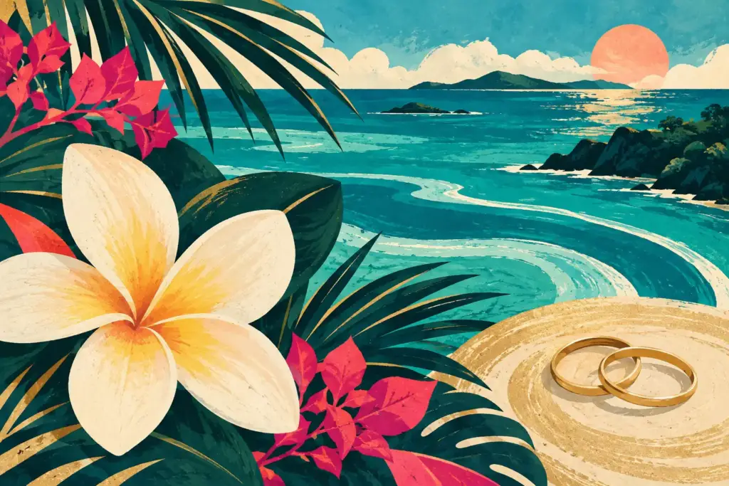 Symbolic sea, tropical flowers and celebration composition. Non-contractual illustrative visual — does not depict this provider, its team or its actual services.