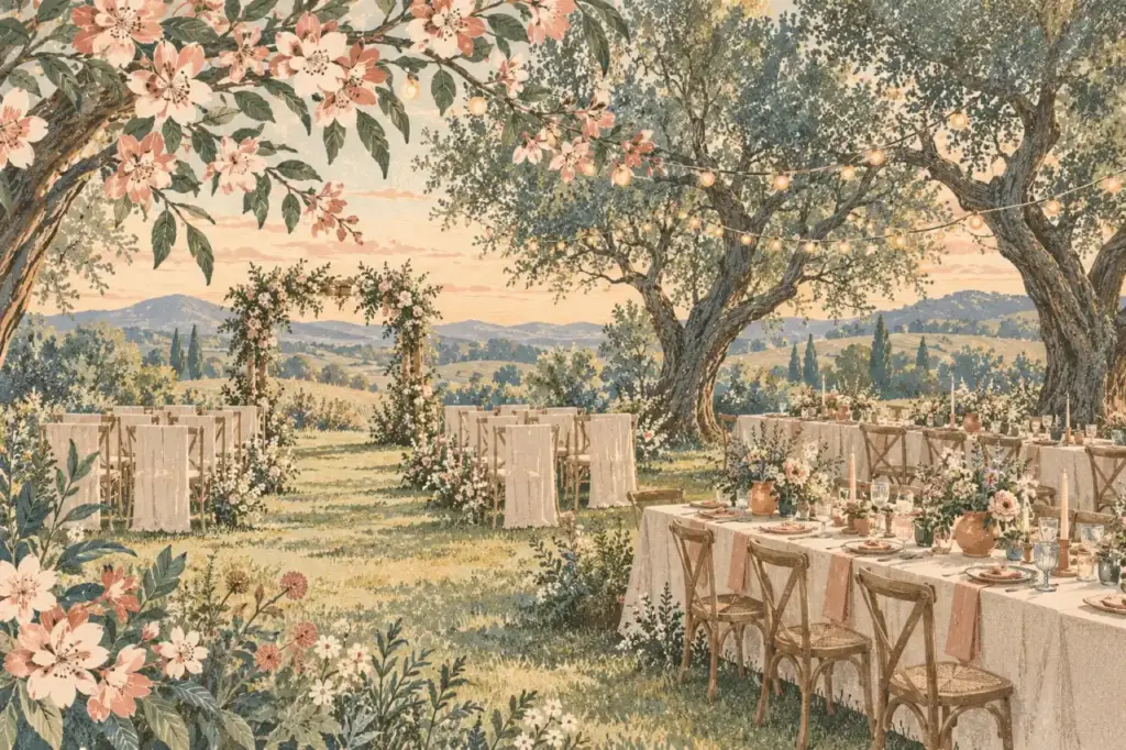 Scène illustrée de cérémonie et de réception dans un parc imaginaire ; visuel non contractuel, sans représentation du prestataire ni de ses prestations réelles.