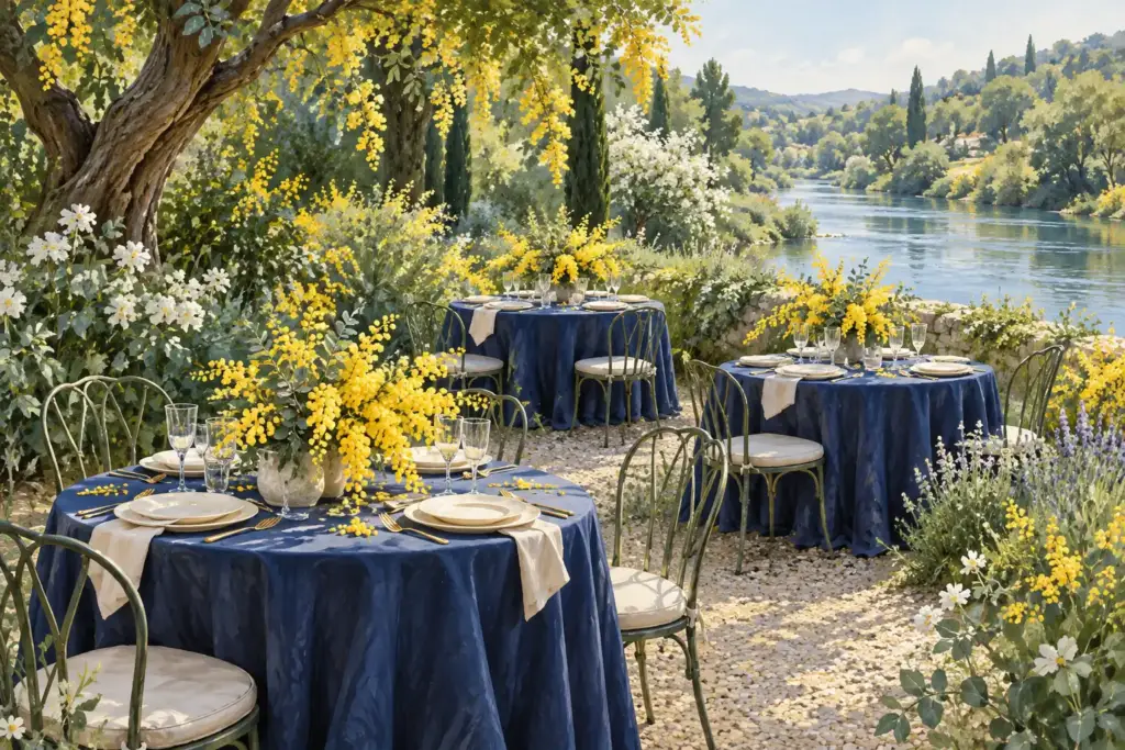 Table de réception et fleurs dans une composition imaginaire ; Visuel d’illustration non contractuel — ne représente pas ce prestataire, son équipe ni ses prestations réelles.