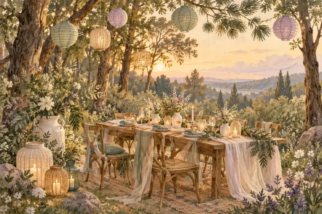 Illustrated reception in an imaginary woodland clearing; Non-contractual illustrative visual — does not depict this provider, its team or its actual services.