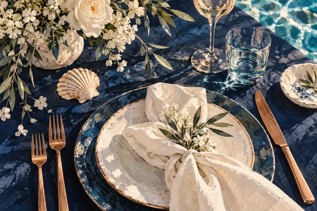 Composition illustrée de table pour une célébration maritime imaginaire. Visuel d’illustration non contractuel — ne représente pas ce prestataire, son équipe ni ses prestations réelles.