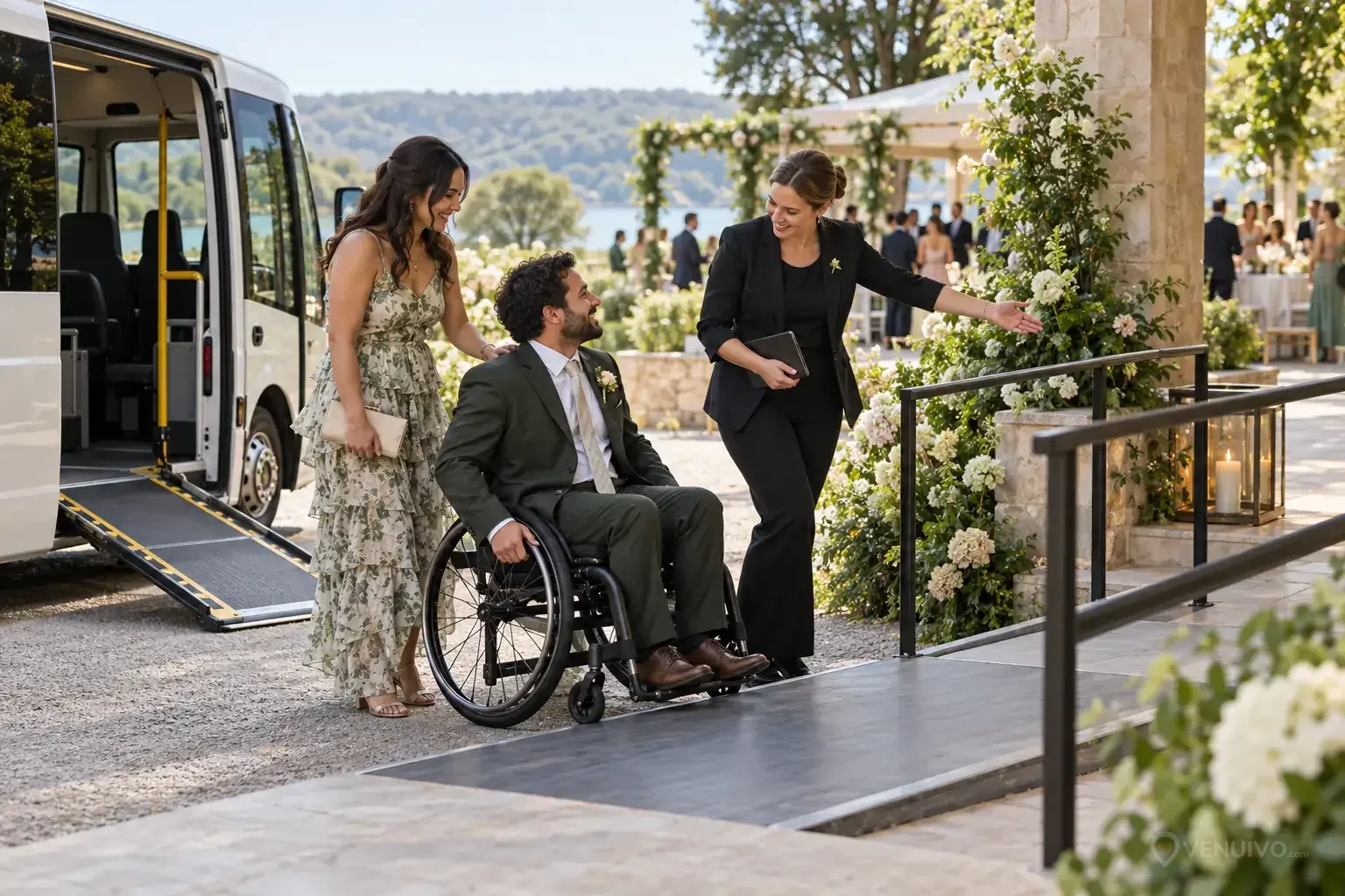 Invité en fauteuil roulant accueilli près d’une navette accessible