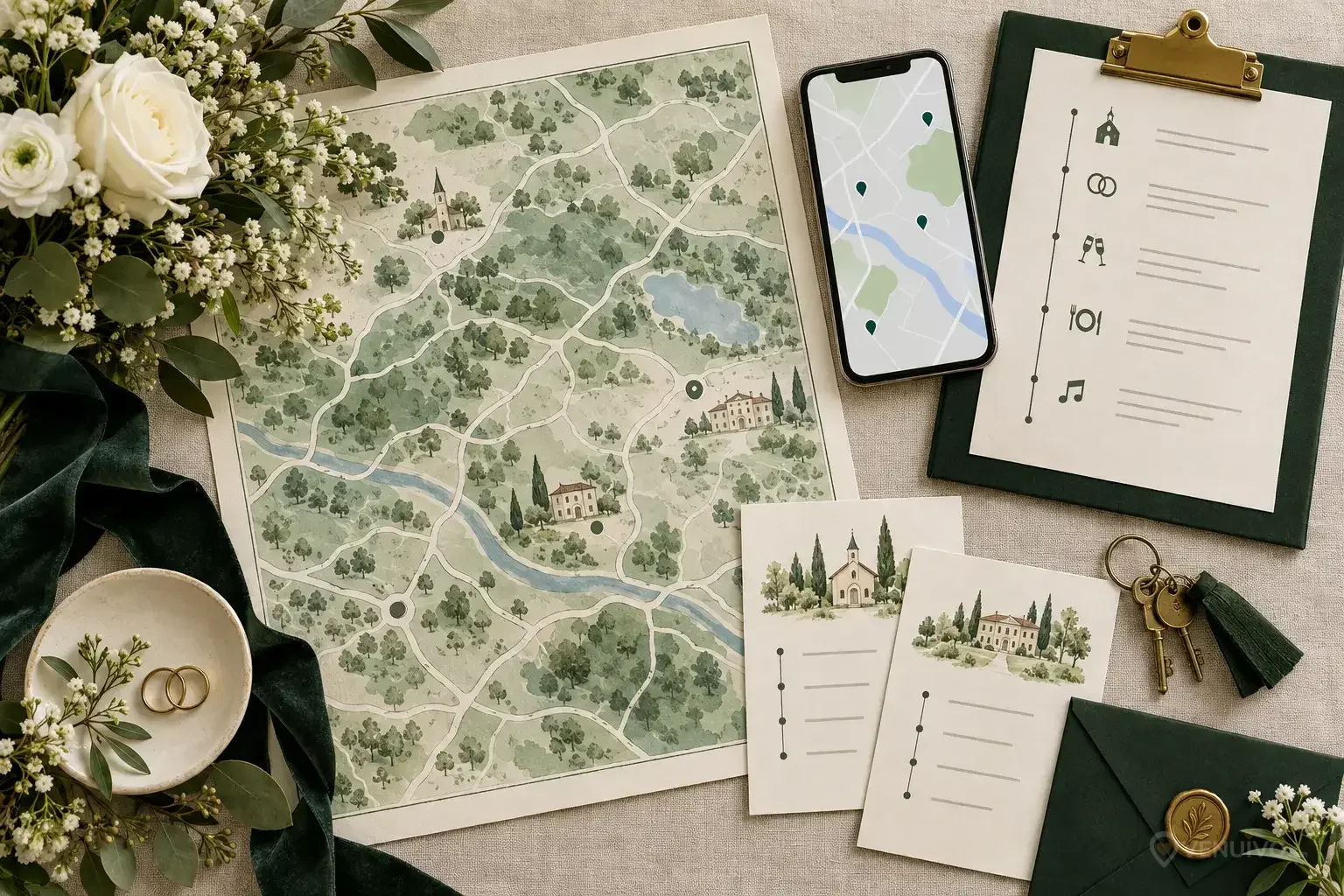 Carte, planning et téléphone utilisés pour organiser le transport des invités