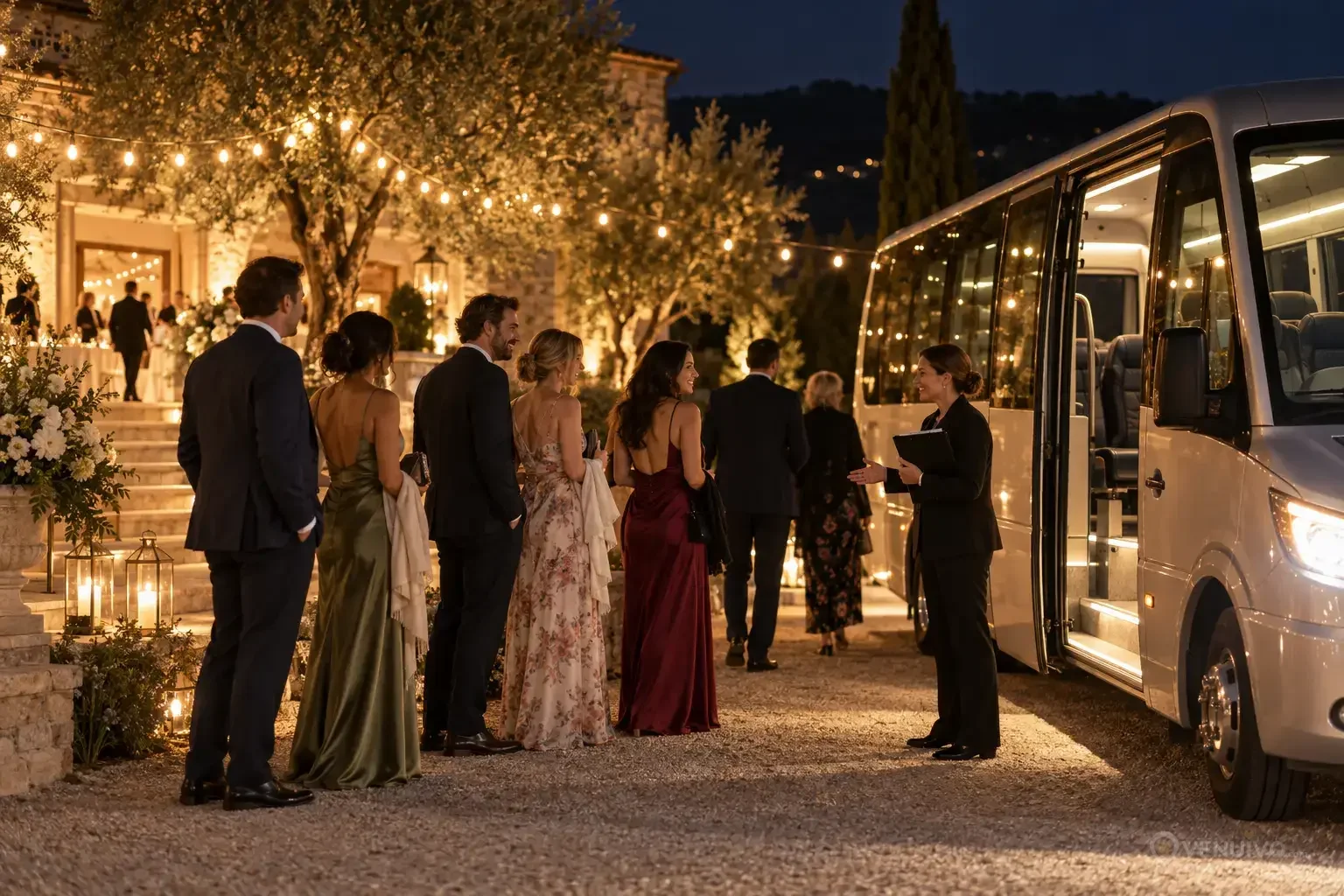 Invités attendant une navette de mariage pour le retour de nuit