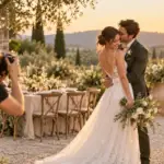 Photographe réalisant un portrait des mariés dans un jardin de réception