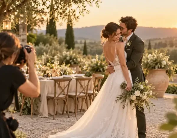 Photographe réalisant un portrait des mariés dans un jardin de réception