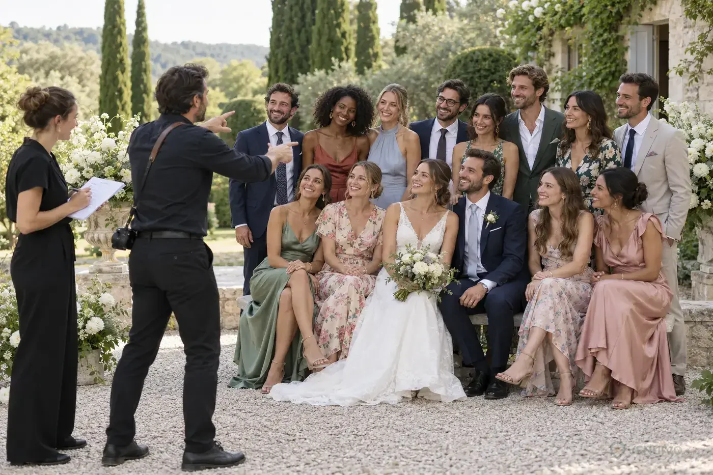 Photographe organisant une photo de groupe avec les mariés et leurs invités