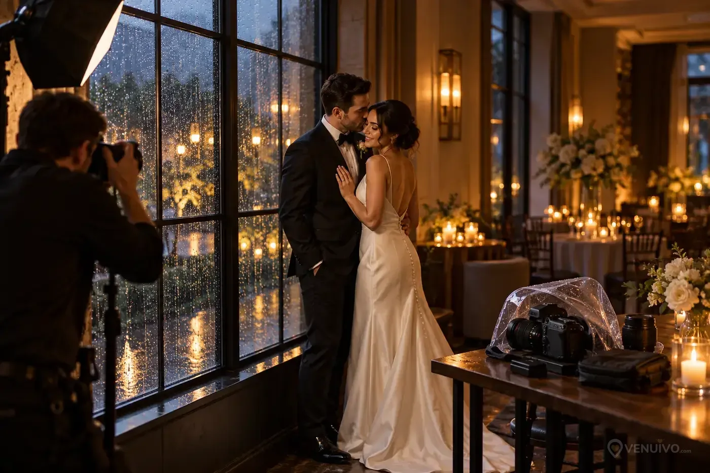 Séance photo de mariage en intérieur près d’une fenêtre par temps de pluie
