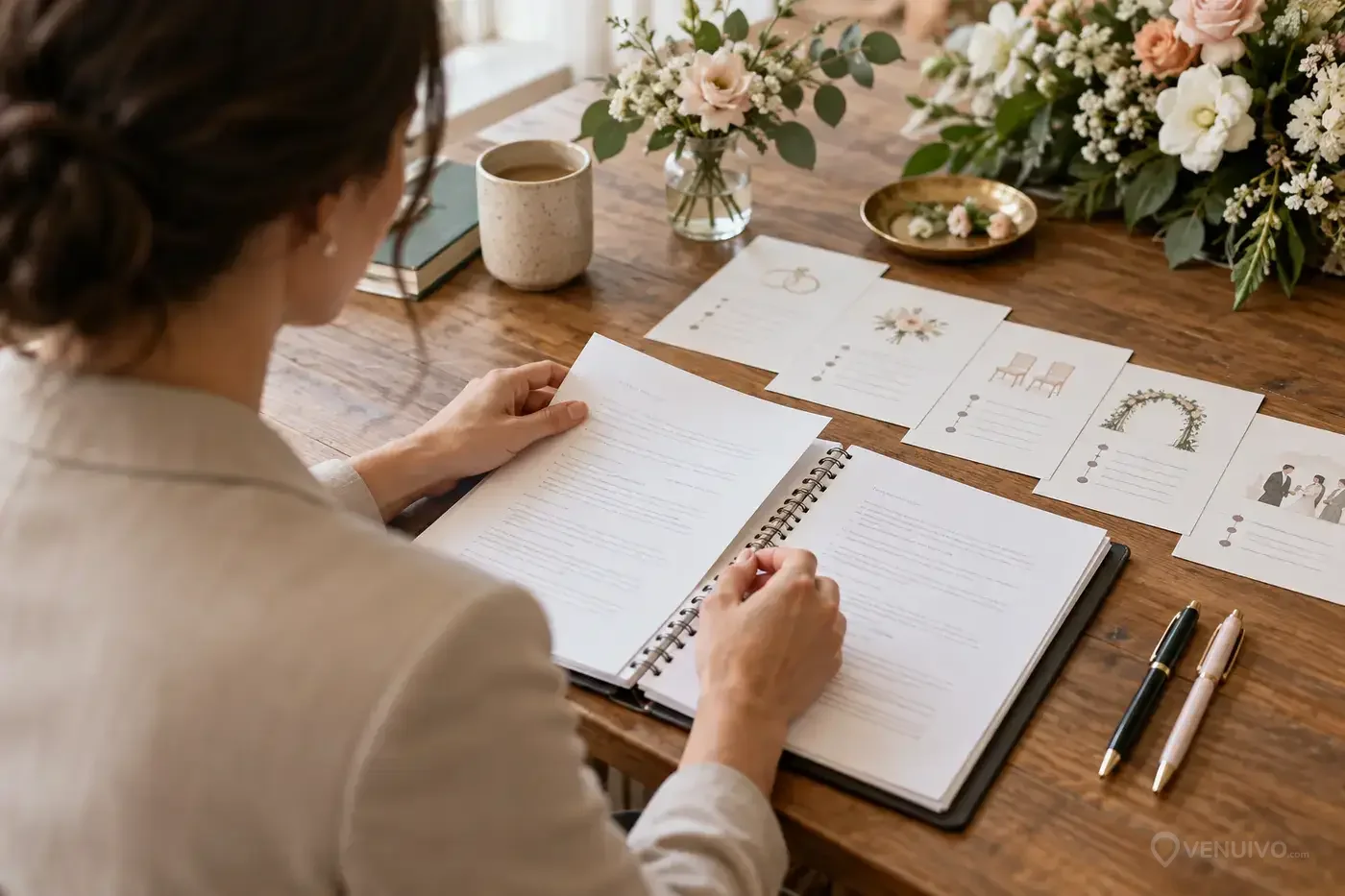 Officiant preparing the script and timeline for a secular wedding ceremony