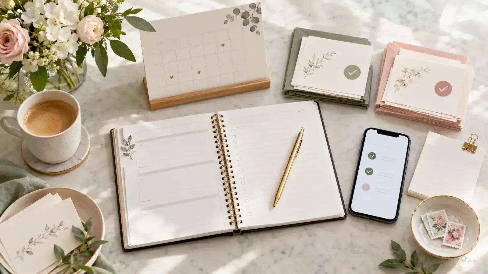 Organisation des réponses RSVP avec agenda, cartes et téléphone