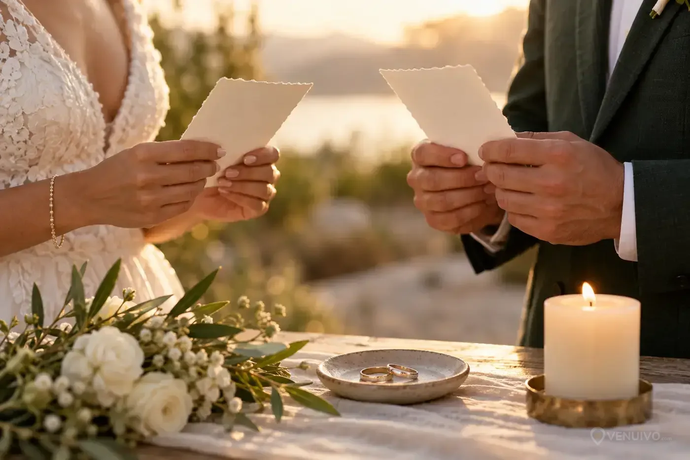 Couple holding their vow cards beside wedding rings and a symbolic candle