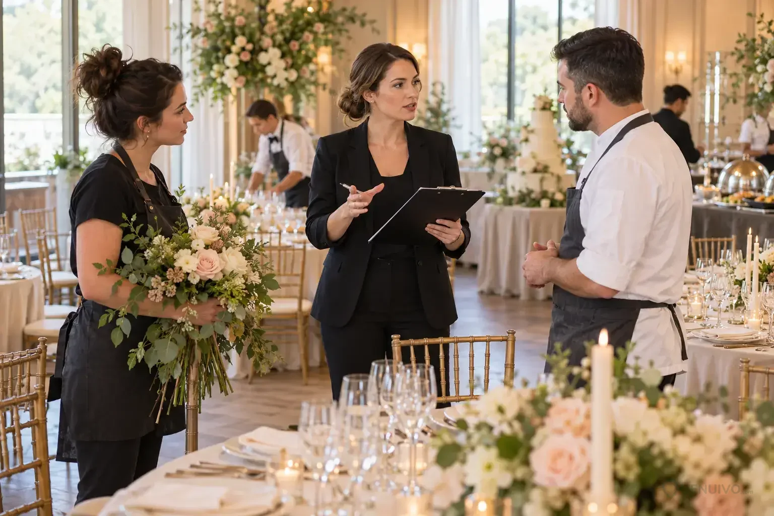 Wedding planner coordonnant fleuriste et traiteur pendant l’installation