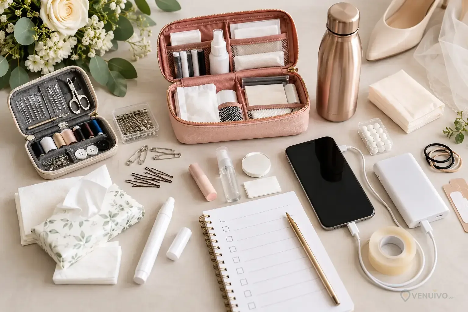 Kit de coordination avec couture, mouchoirs, chargeur et checklist