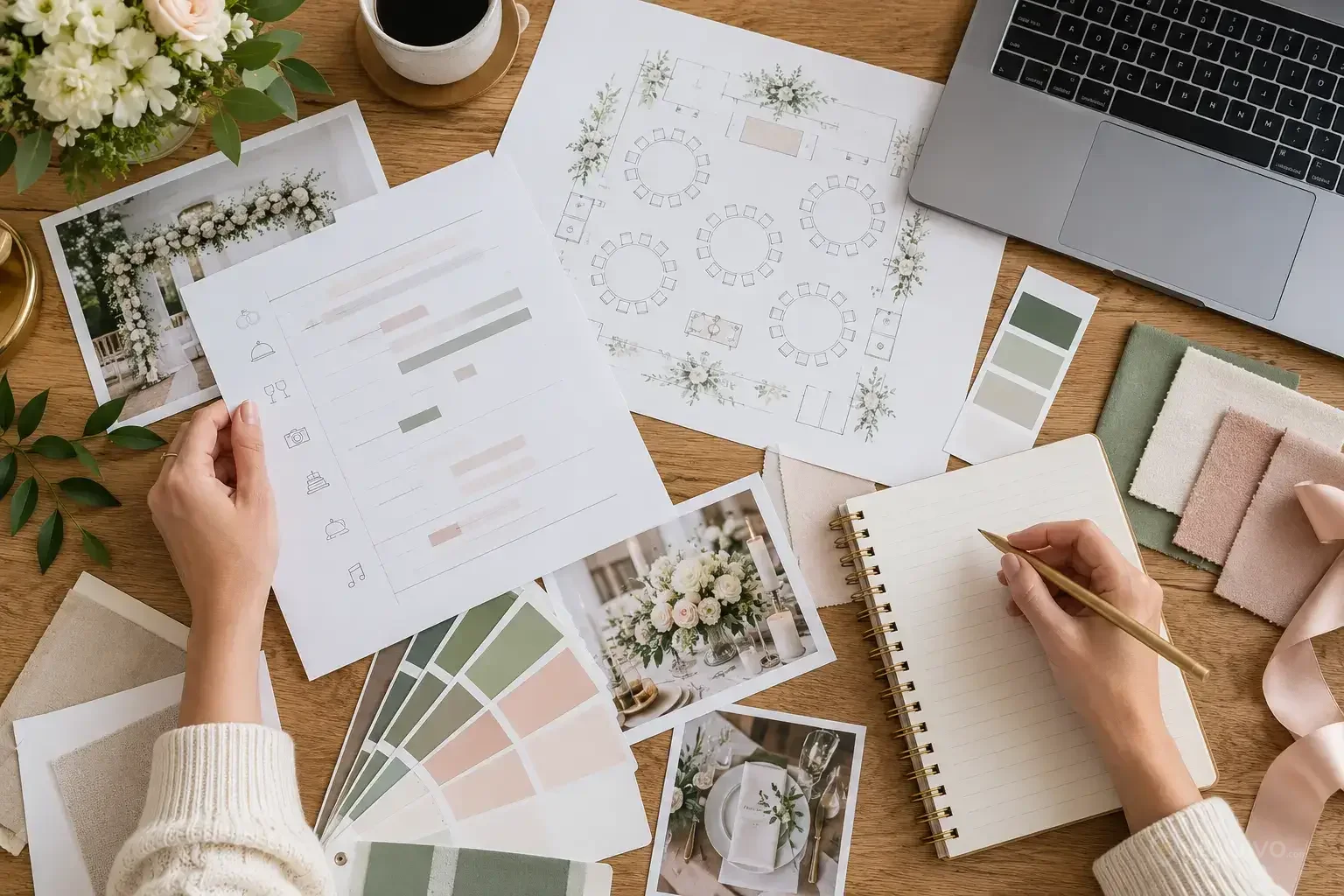 Planning, plan de salle et nuancier utilisés pour organiser un mariage