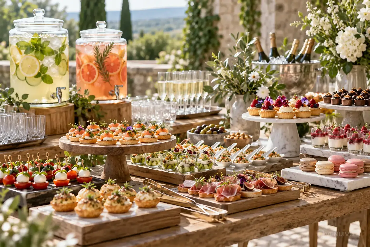 Buffet de bouchées salées et sucrées avec boissons alcoolisées et sans alcool