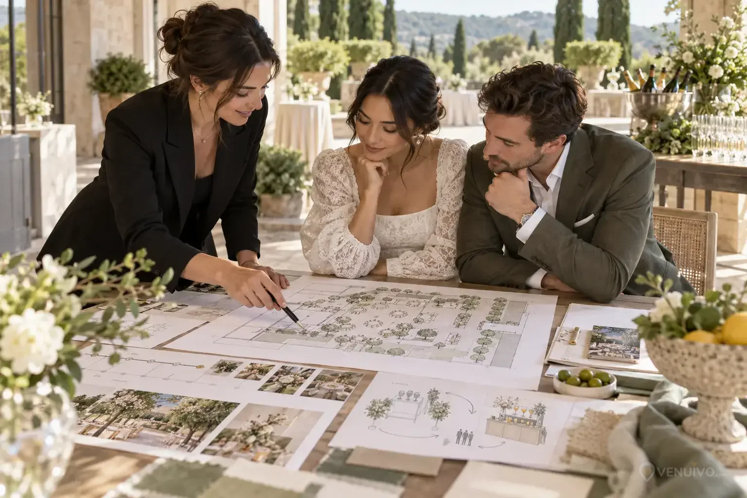 Couple et coordinatrice préparant le plan et la circulation du vin d’honneur