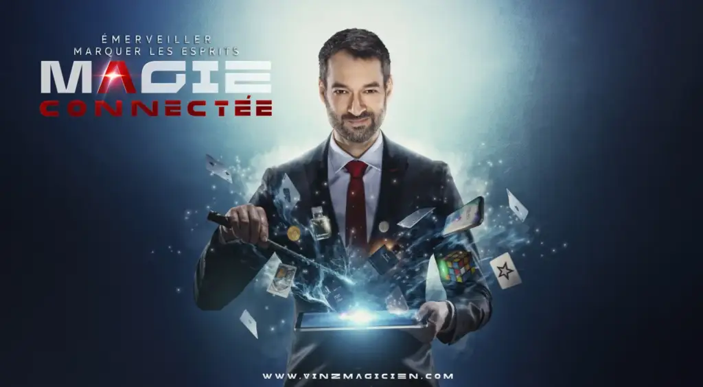 Photo de Vinz le magicien avec un ipad entre les mains qui fait appraitre des objets