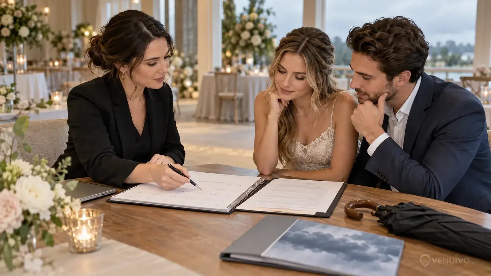 Couple étudiant le report d’une date de mariage avec une organisatrice