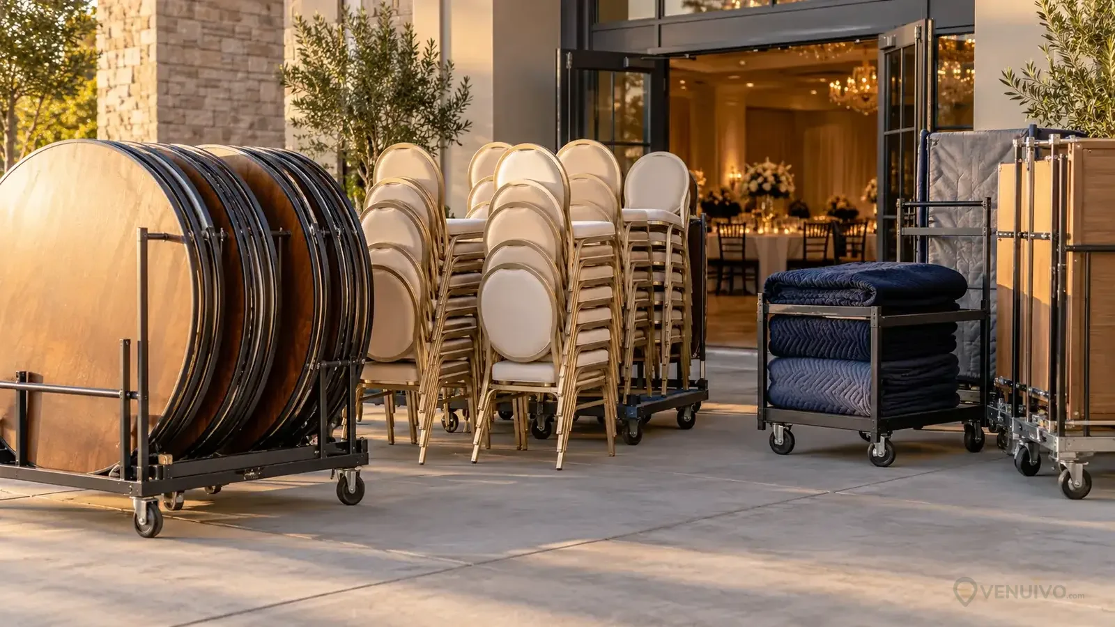 Tables et chaises de mariage prêtes pour la livraison dans une salle de réception