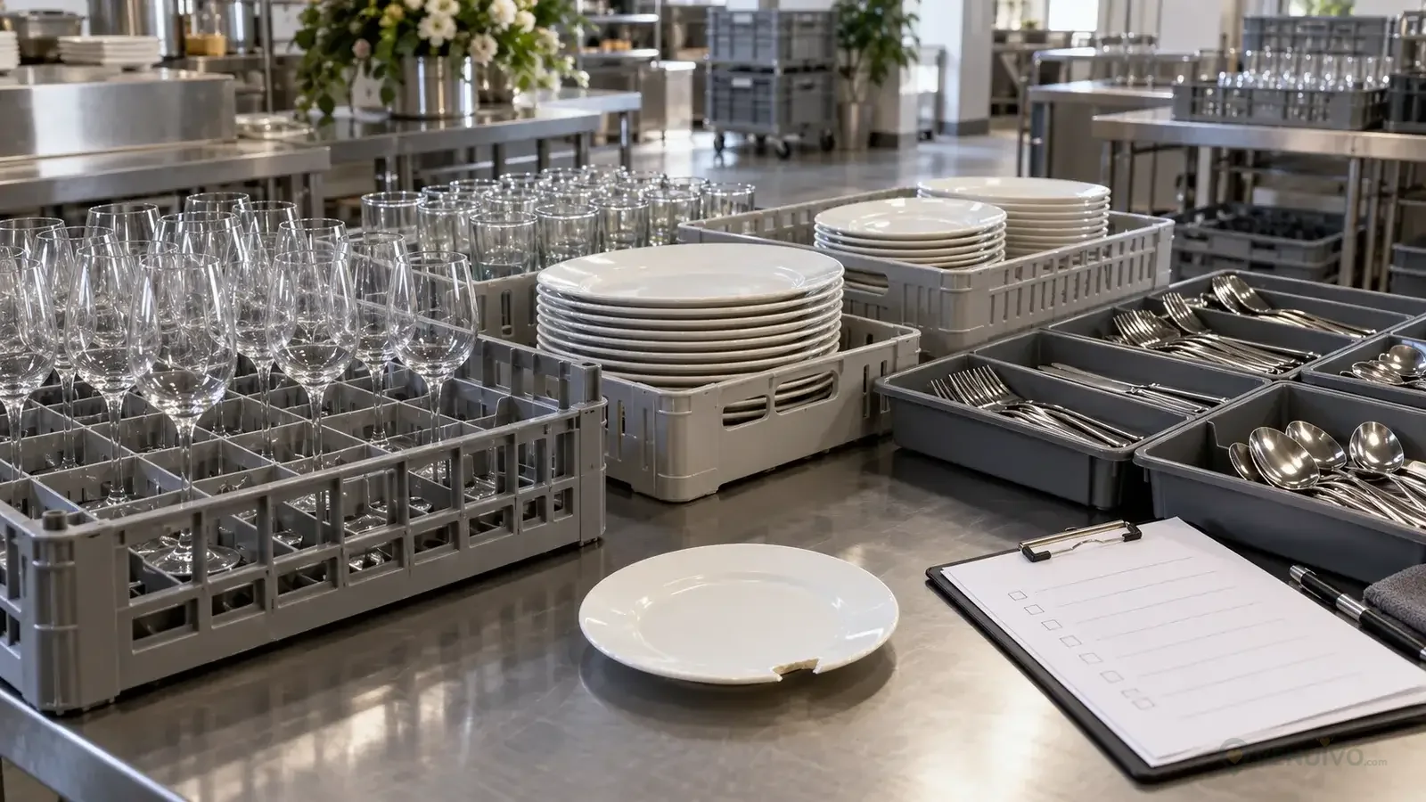 Vaisselle de mariage triée en caisses avec une assiette cassée isolée pour contrôle